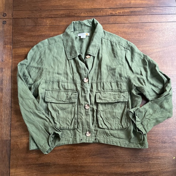 C&C California Jackets & Blazers - C&C California Womens Size XL Green Linen Lyocell Button Utility Jacket Pockets*